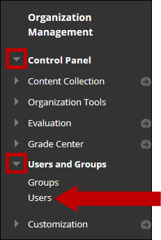 From the menu area of the organization, under Organization Management, the Control Panel is circled and a circle encompasses Groups and Users. An arrow points to Users.