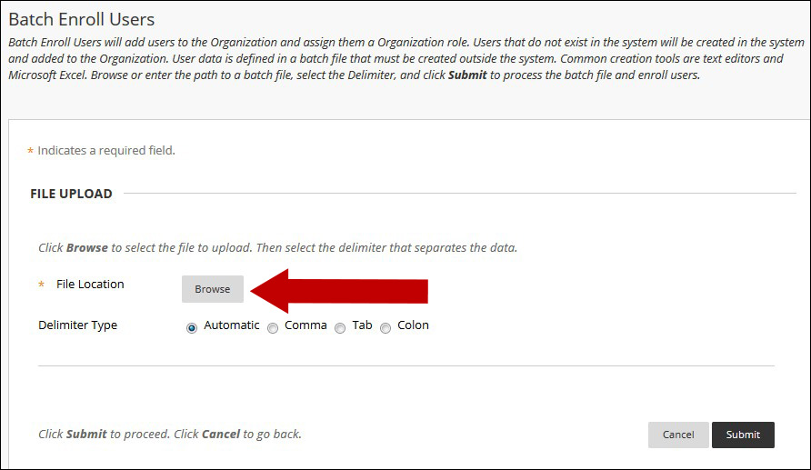 Image of the File Upload section on the Batch Enroll Users page, an arrow points to the Browse button