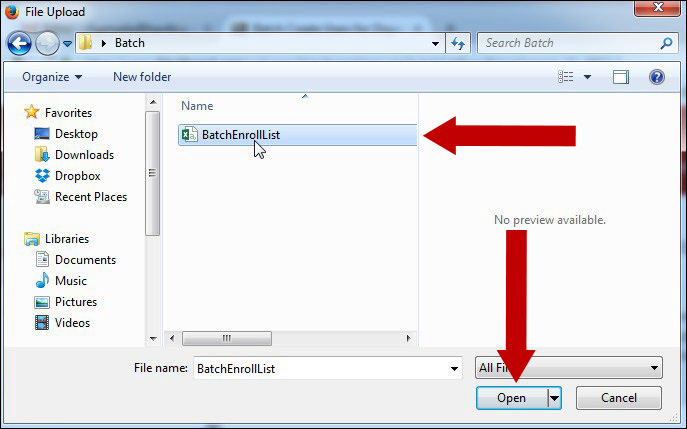 Image of the file saved on the computer and an arrow points to the file another arrow points to the Open button located in the lower right-hand corner.