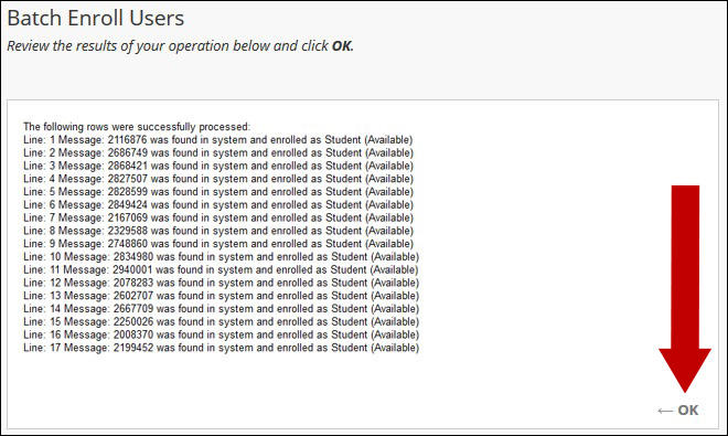 Image of the completed batch enrollment page and an arrow pointing to OK.