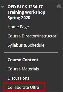 Course menu with circle encompassing Collaborate Ultra link.