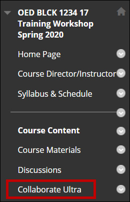 Course menu with circle around Collaborate Ultra link.