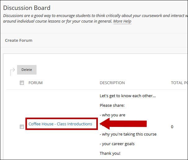 Image of discussion board page with a circle encompassing the title of a discussion forum. An arrow is pointing to the the discussion forum.