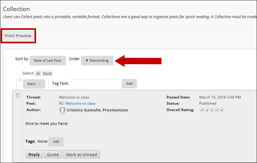 Image of the collection page. A circle encompasses the Print Preview button and an arrow points to the Descending button.