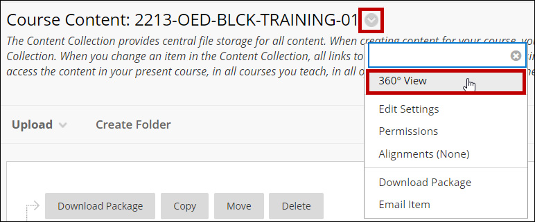 Use the Course Content options menu to access the 360 View.