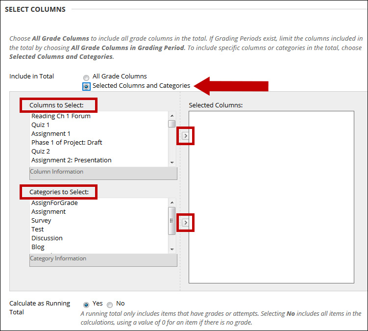 Select columns and categories, if selected items are used for the total column.