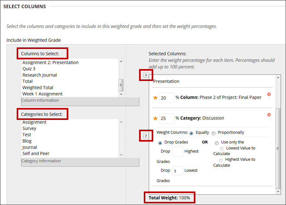 Select the required columns and categories for the weighted grade.