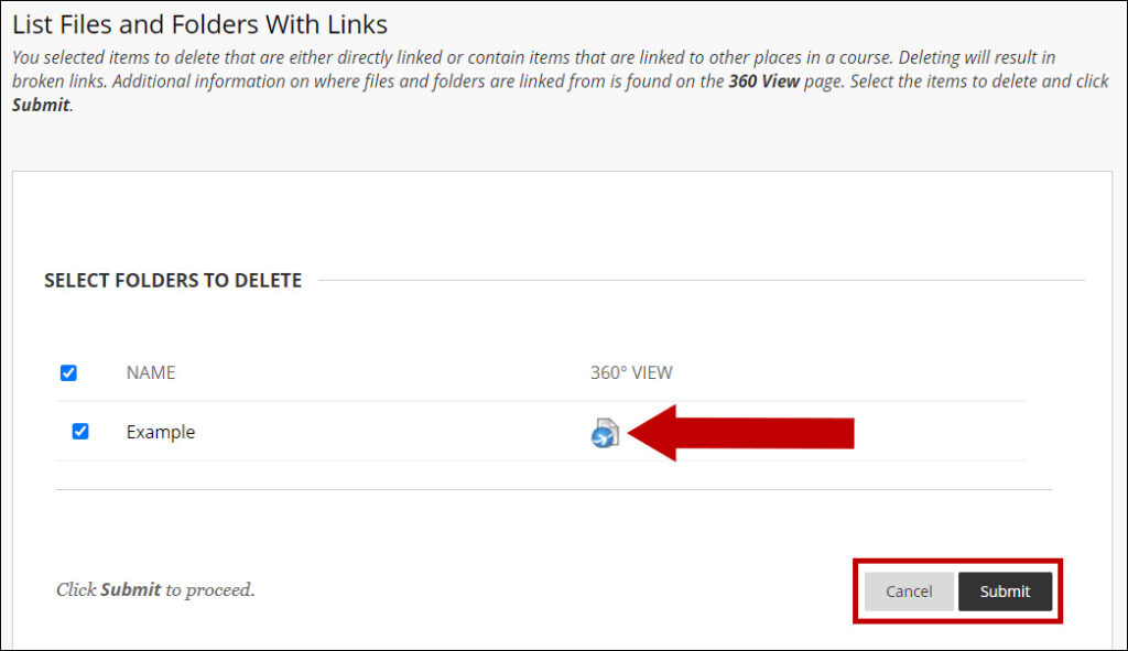 Files in use are displayed on the new window. Use the 360 View button to check the file link. Click Cancel or Submit.