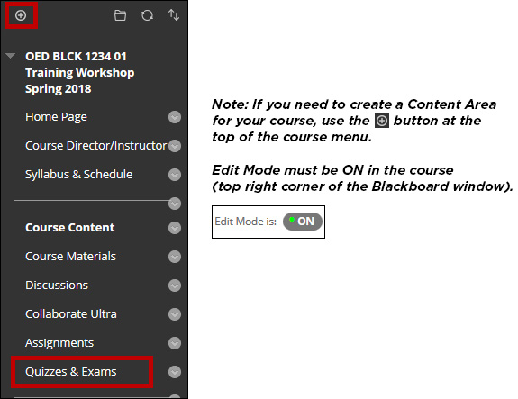 Create a content area to deploy the test. Edit mode ON