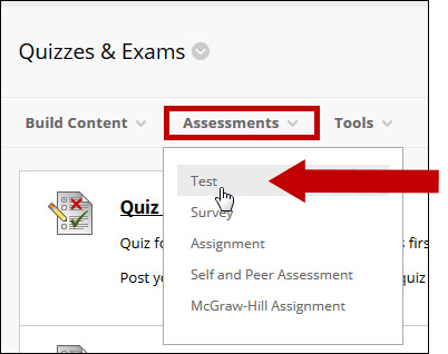 Use the Test button for the Assessments tab.