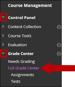 Image of course management area located in the course menu. A circle encompasses the drop-down menu next to Control Panel and Grade Center. An arrow points to Full Grade Center.