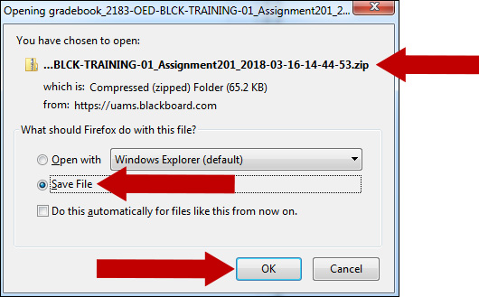 Image of Save File prompt. An arrow points to the name of the zipped file. A second arrow points to the Save File button and a third arrow points to the Ok button in the lower right-hand corner.