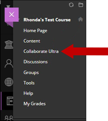 Arrow pointing to Collaborate Ultra link in menu