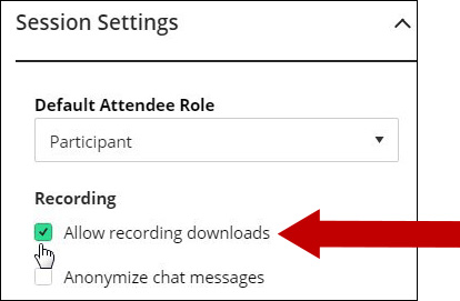 Session Settings menu with arrow pointing to Allow recording downloads.