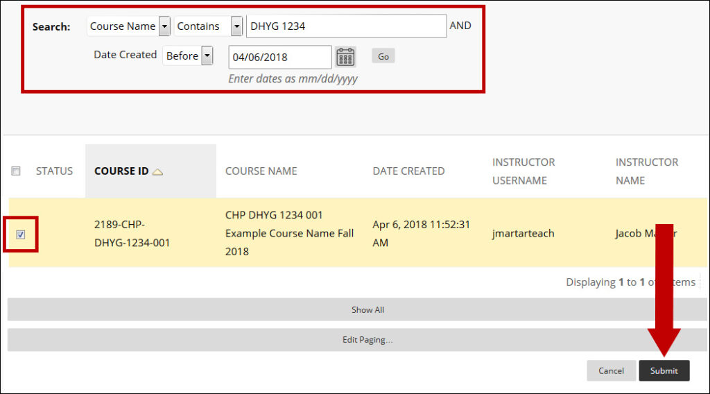 Image of the pop-up with a circle encompassing the Search area. Another circle encompasses the check box next to the course name and an arrow points to the submit button.