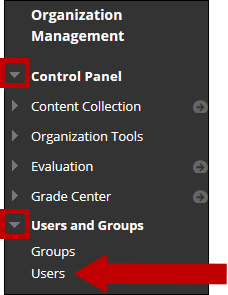 Image of Organization Management area on the course menu. A circle encompasses the Control panel chevron and the chevron next to Users and Groups is expanded. An arrow points to Users.