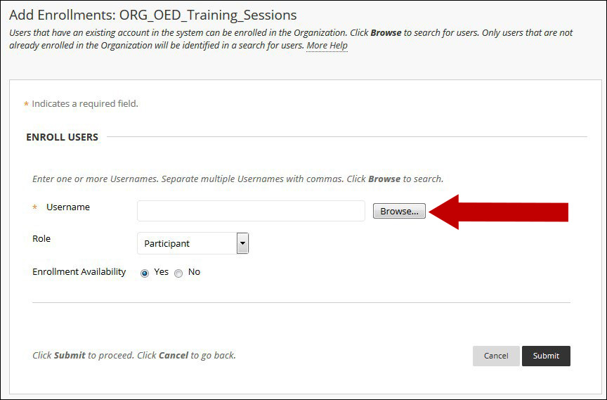 Image of the Add Enrollments page with an arrow pointing to the Browse button.