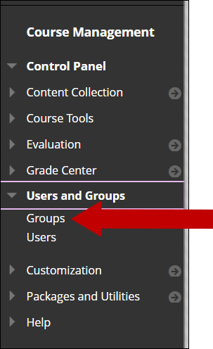 Image of Course menu, Course Management with an arrow pointing to Groups.