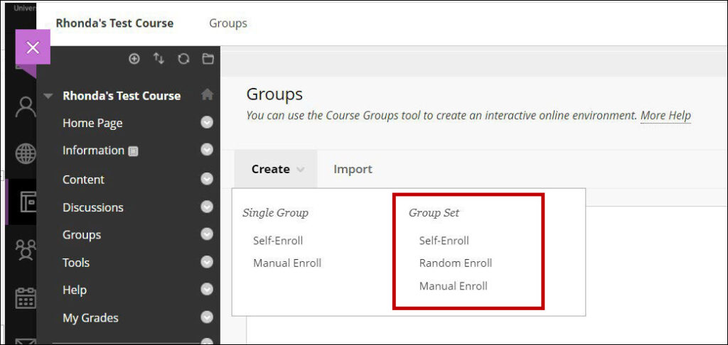 Image of Groups arrea of the course with red circle around Group Set options.