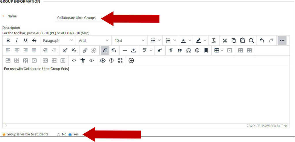 Image of area where users will enter the information for the group set. Two arrow disply where to enter the name of the group set and another pointing to the options to make available to students.