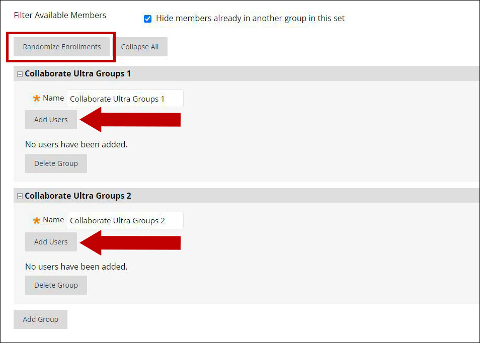 Image of area where instructors will add users to group sets. Two red arrows point to Add Users button under groups one and 2.