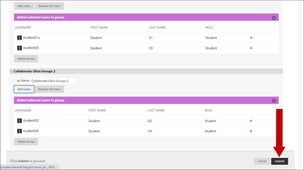 Image of users added to their respective groups a red arrow points to the submit button in the lower right hand corner of the screen.
