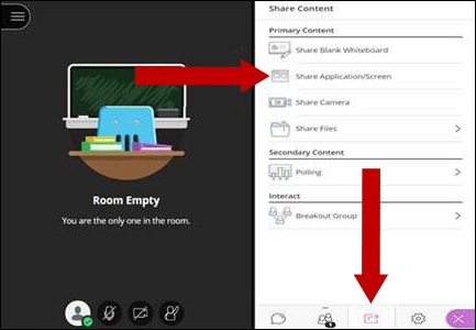 Image with arrows pointing to Share Content and Share Application/Screen.