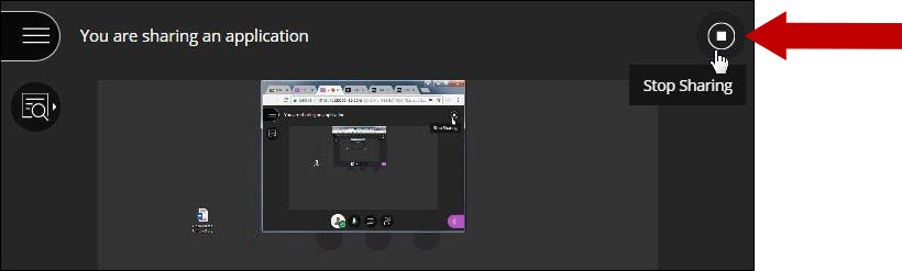 Image of shared screen with arrow pointing to stop sharing button in the upper right hand corner of the screen.