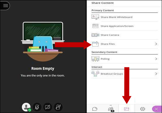 Image with arrows pointing to Share Content button and share files.