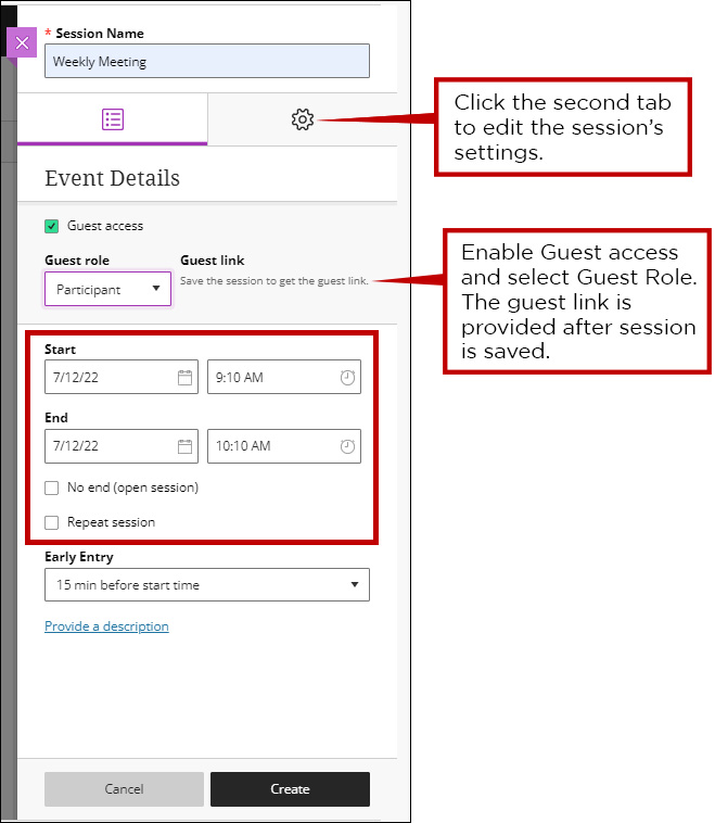 Image of Event Details with a callout bubble pointing to the second tab informing users to click here to edit session settings. A second callout bubble is pointiing to Guest Access area. A circle encompasses the start and end dates.