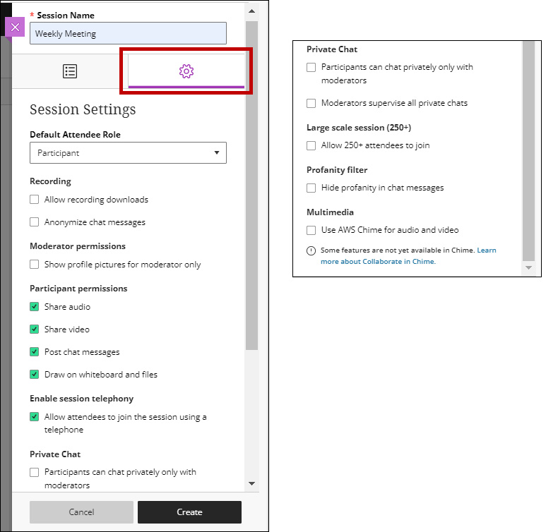 Image of session settings menu displaying the options for the session. A circle encompasses the session setting tab at the top of the menu. An enlarged image of additional setting options available within the menu.