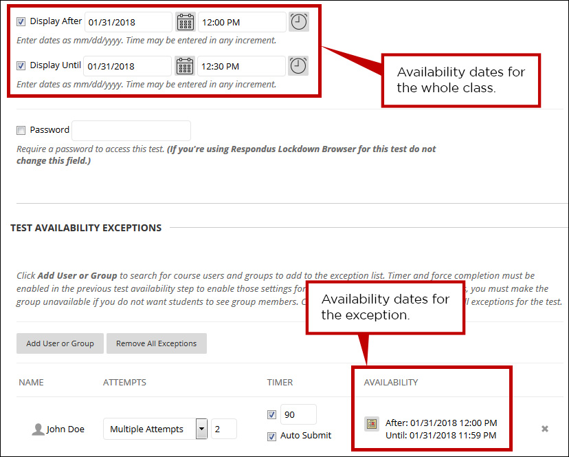 Check exception availability dates against the regular availability dates.