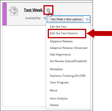 Choose Edit the Test Options from the options menu.