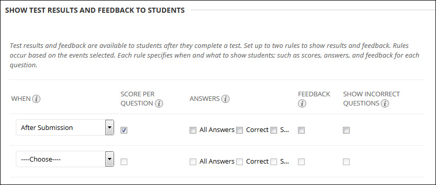 Choose options to show test results and feedback to students.