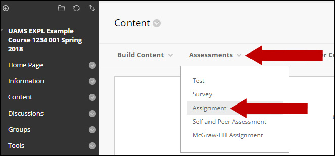 Image of Content area of the course. Assessments area is expanded with an arrow pointing to Assessments and another pointing to Assignments.