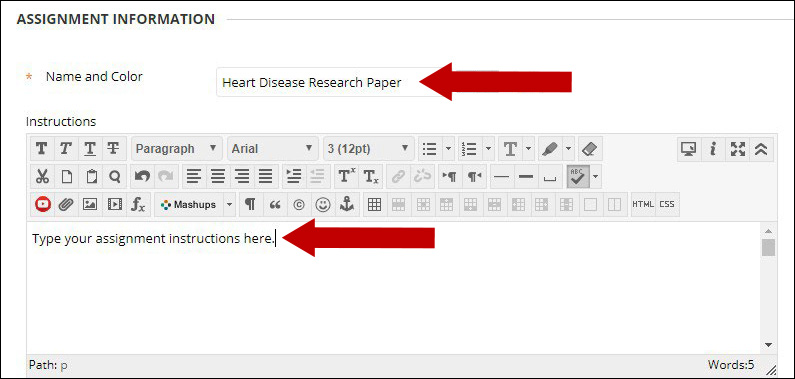 Image of new Assignment with arrow pointing to title and another arrow pointing to assignment information text field.