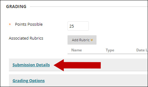 Image of Grading area with arrow pointing to Submission Details.