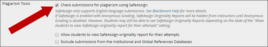 Image of Plagiarism Tools area with arrow pointing to Check submissions for Plagiarism using Safe Assign check-box.