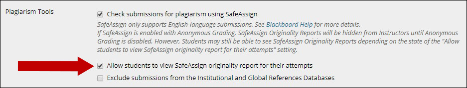 Image of Plagiarism Tools area with arrow pointing to check-box next to Allow students to view Safe Assign originality report for their attempts.