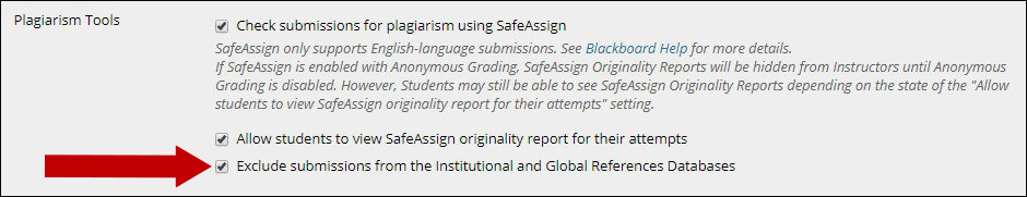 Image of Plagiarism Tools area with check-box selected next to Exclude submissions from the Institutional and Global References Databases.An arrow points to this option.