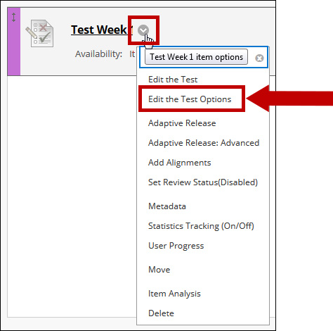 Image showing test options menu with arrow pointing to Edit the Test Options.