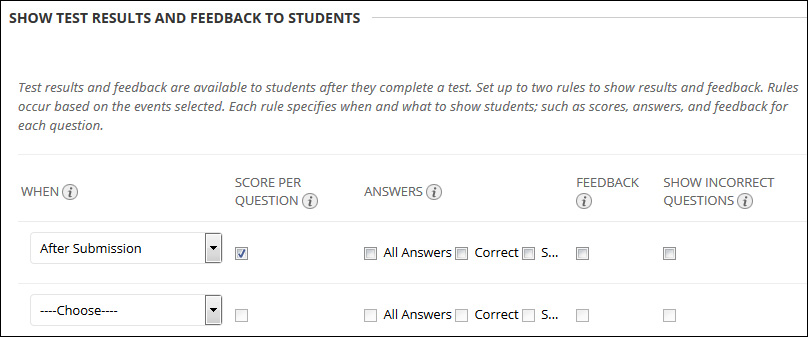 Show test results and feedback to students feature