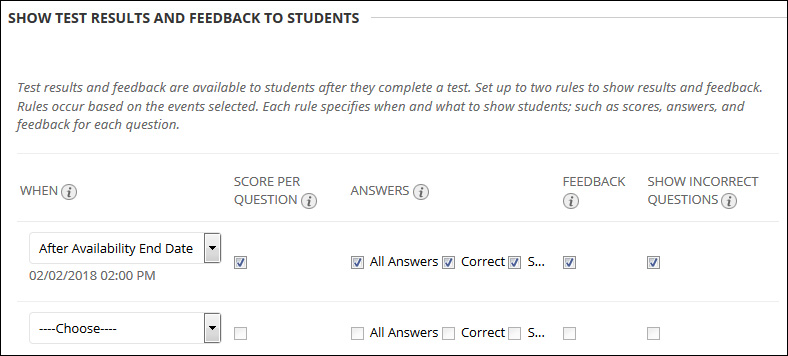 Show test results and feedback after Availability End Date example.