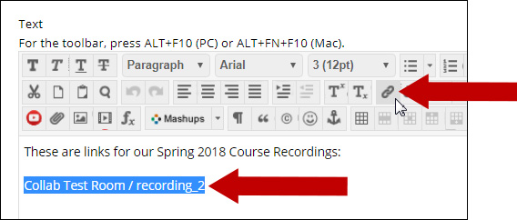 Image of text editor with arrow pointing to link icon and another arrow pointing to title of recrding.