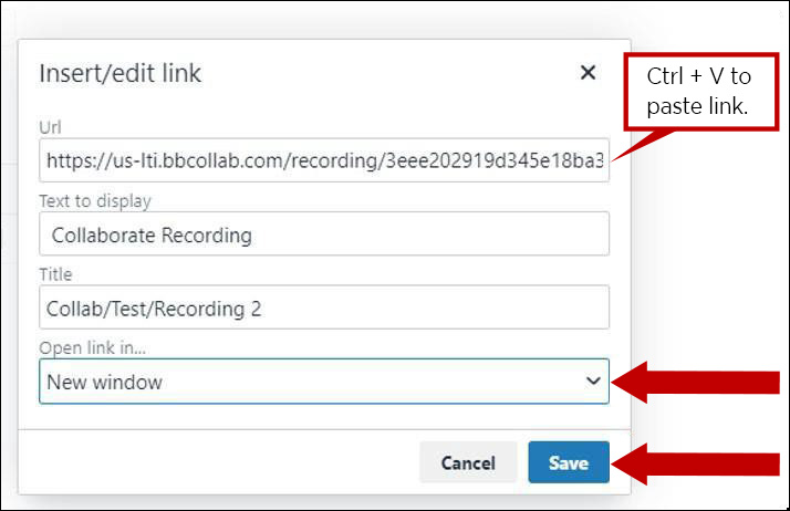Image of where to add link, Test to Display for Link, Title of Recording, Open Link in.. (drop down), and Save button.