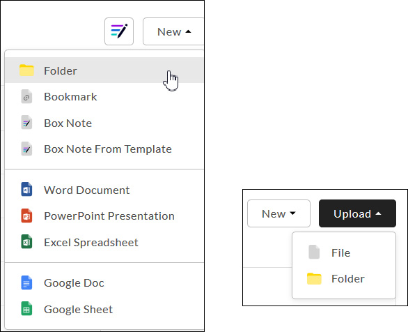 Image of New drop-down menu with cursor pointing to Folder. Image of Upload File or Folder