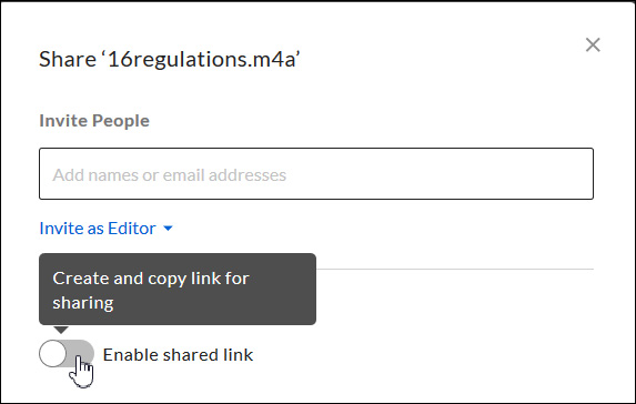 Image of the Share dialogue box displaying Enable shared link.