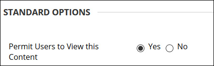 Image showing the Standard Options dialogue box. Permit Users to View this Content has Yes or No radio buttons.