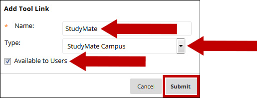 Choose StudyMate Campus for the type, add a link name, make it available to users and click Submit.