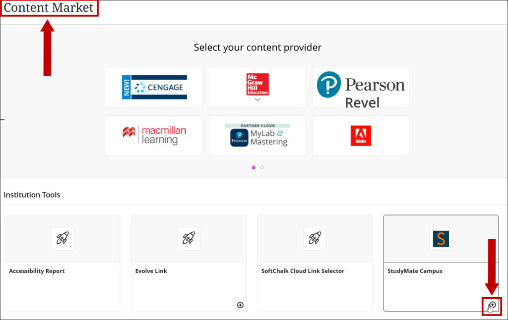 On the Content Market page use the + sign to add StudyMate Campus.